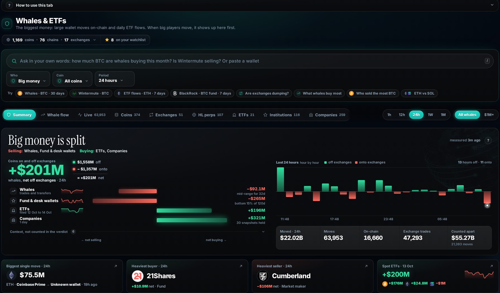 The whole Whales & ETFs tab: the plain-words search, the Who, Coin and Period filters, and the sections from Summary to Companies.